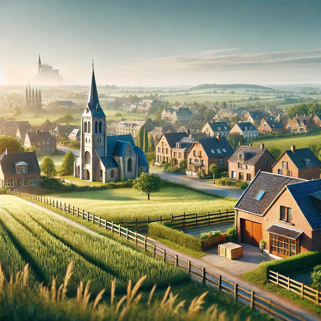 État des lieux Éghezée : Vue pittoresque de la campagne avec église et maisons traditionnelles.