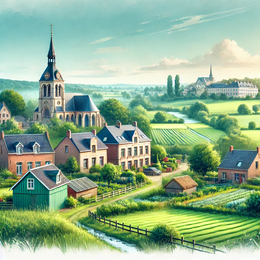 État des lieux Florennes : Vue pittoresque avec église, maisons traditionnelles et campagne verdoyante.