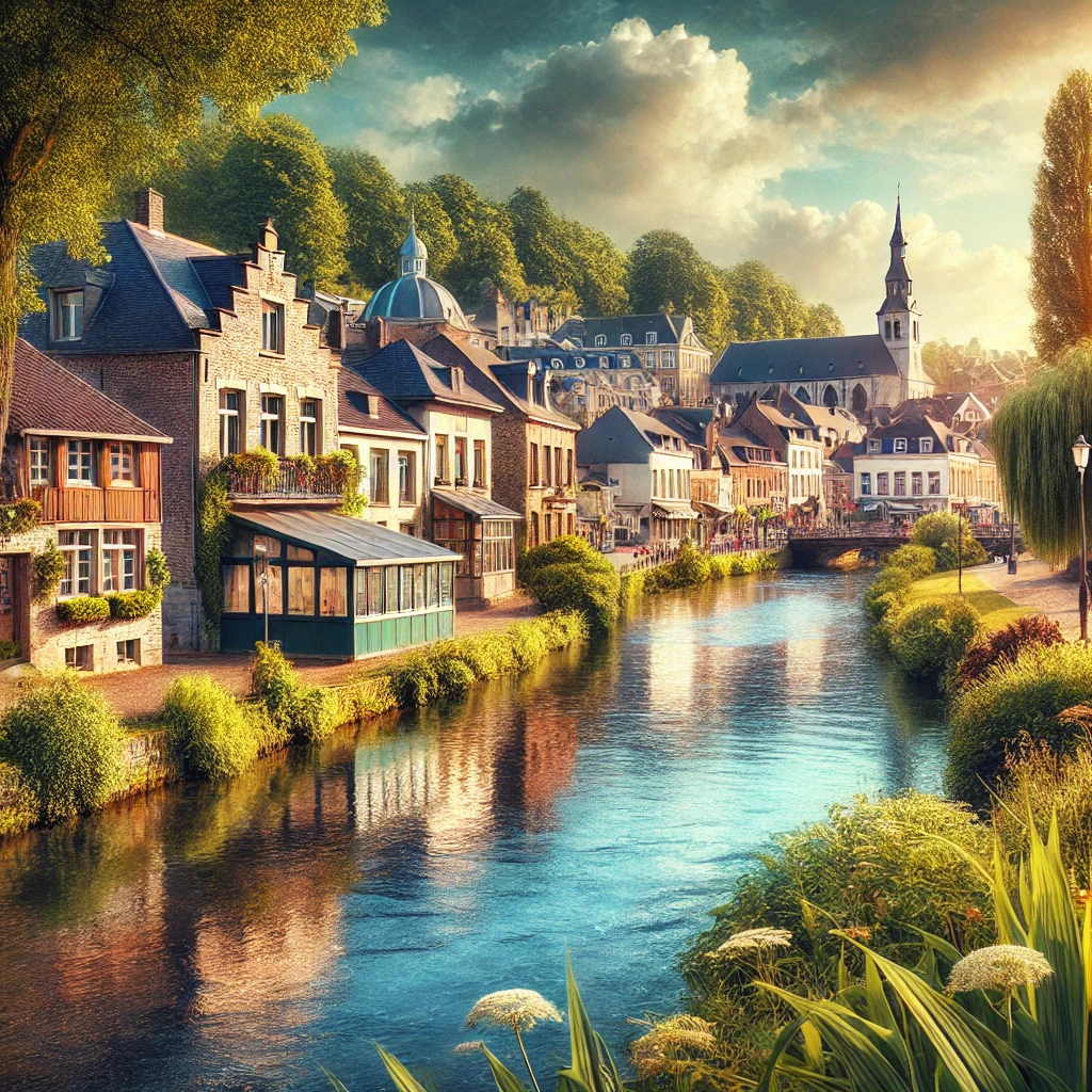État des lieux Jemeppe-sur-Sambre : Vue pittoresque avec la Sambre et des bâtiments typiques, symbolisant une expertise professionnelle.