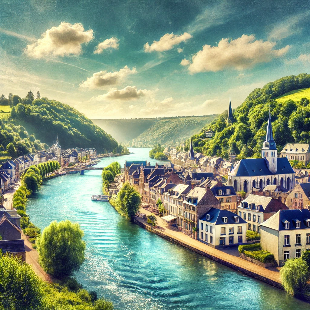 État des lieux Profondeville : Vue pittoresque de la Meuse entourée de collines et d'architecture typique.