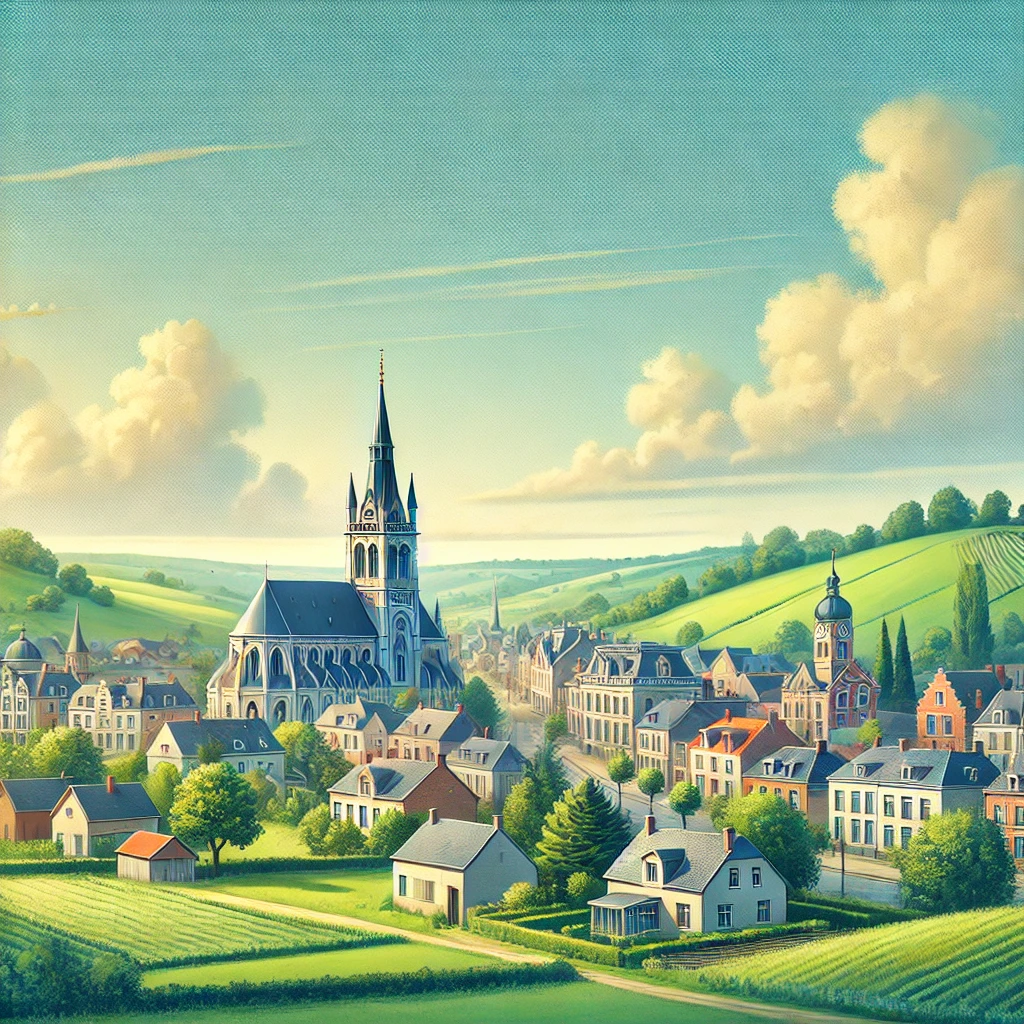 État des lieux Rochefort : Vue pittoresque de la ville avec église emblématique et paysages verdoyants.