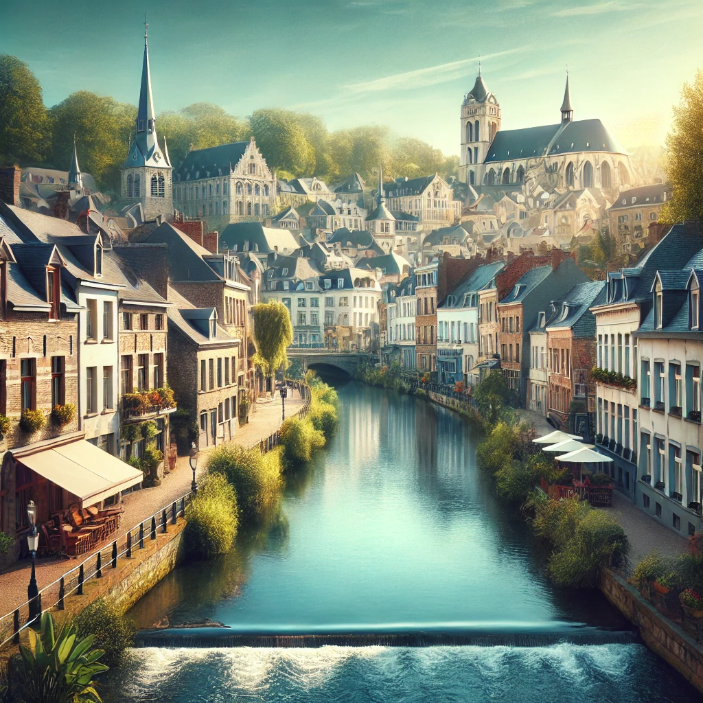 État des lieux Sambreville : Vue pittoresque avec la Sambre et des bâtiments typiques, reflétant des services professionnels.