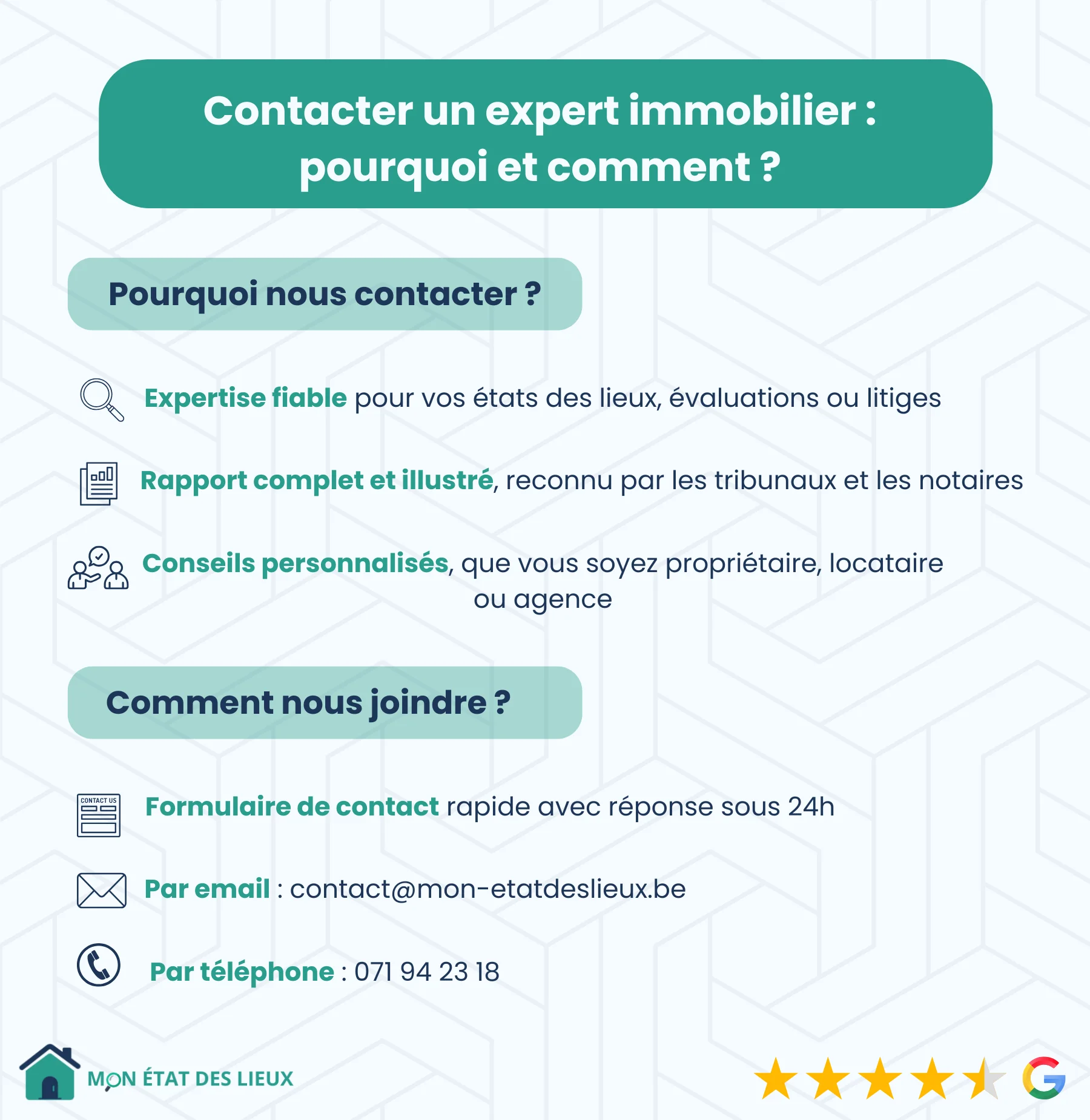 Infographie expliquant pourquoi et comment contacter un expert immobilier chez Mon État des Lieux en Belgique