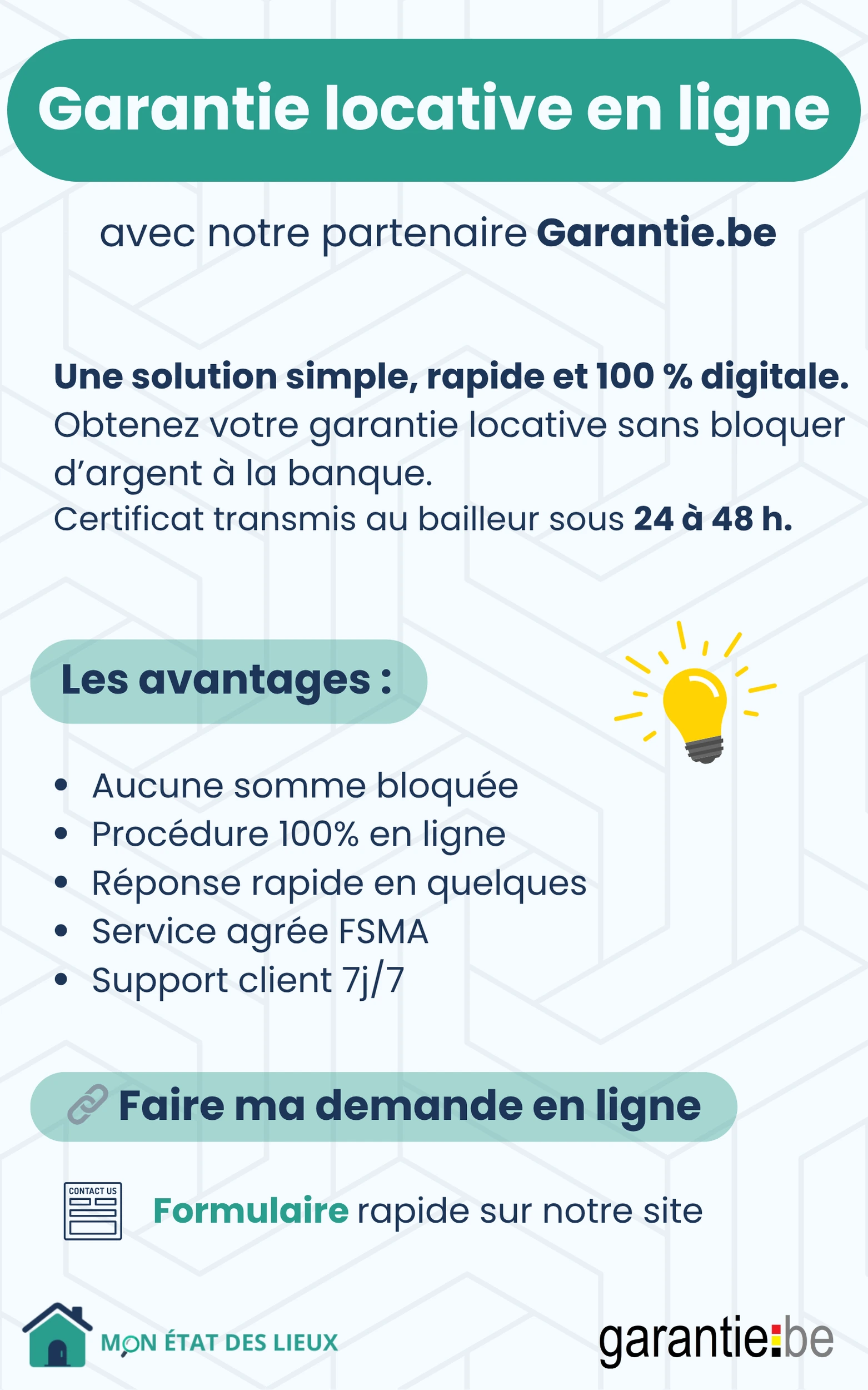 Infographie présentant les avantages de la garantie locative en ligne avec Mon état des lieux et Garantie.be : procédure rapide, 100 % digitale et sans somme bloquée
