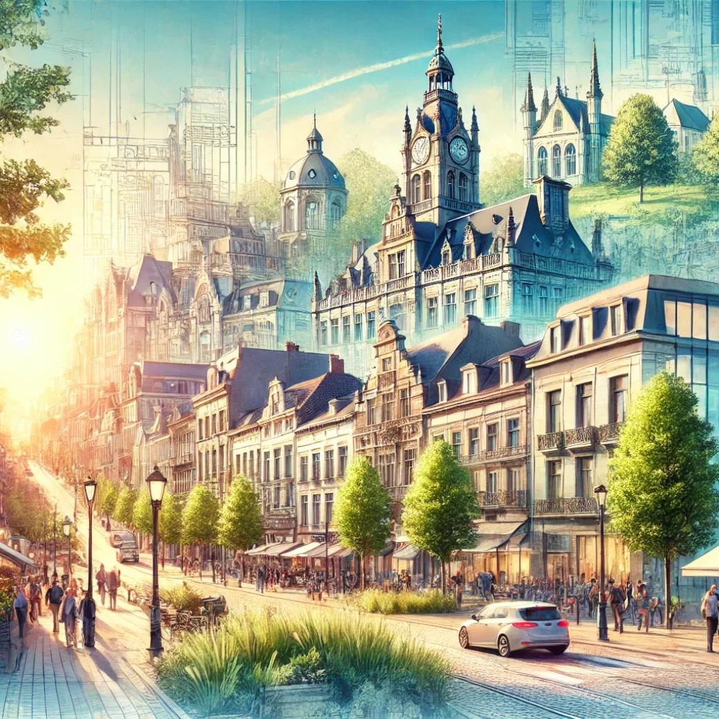 Rue animée à Anderlecht avec architecture locale et ambiance conviviale.