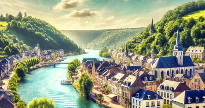 État des lieux Profondeville : Vue pittoresque de la Meuse entourée de collines et d'architecture typique.