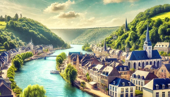 État des lieux Profondeville : Vue pittoresque de la Meuse entourée de collines et d'architecture typique.